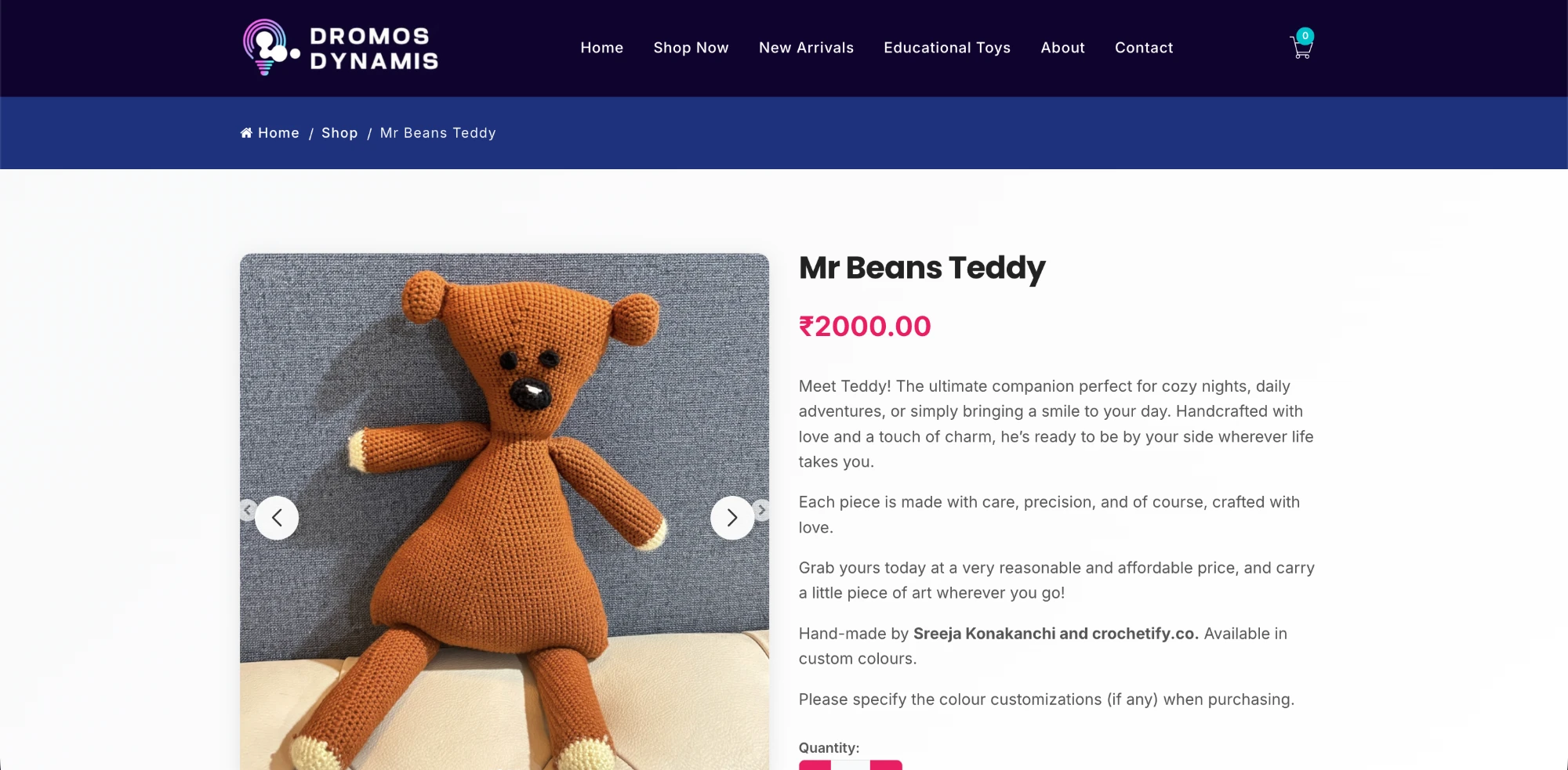 Dromos Dynamis product page for a handmade crochet teddy