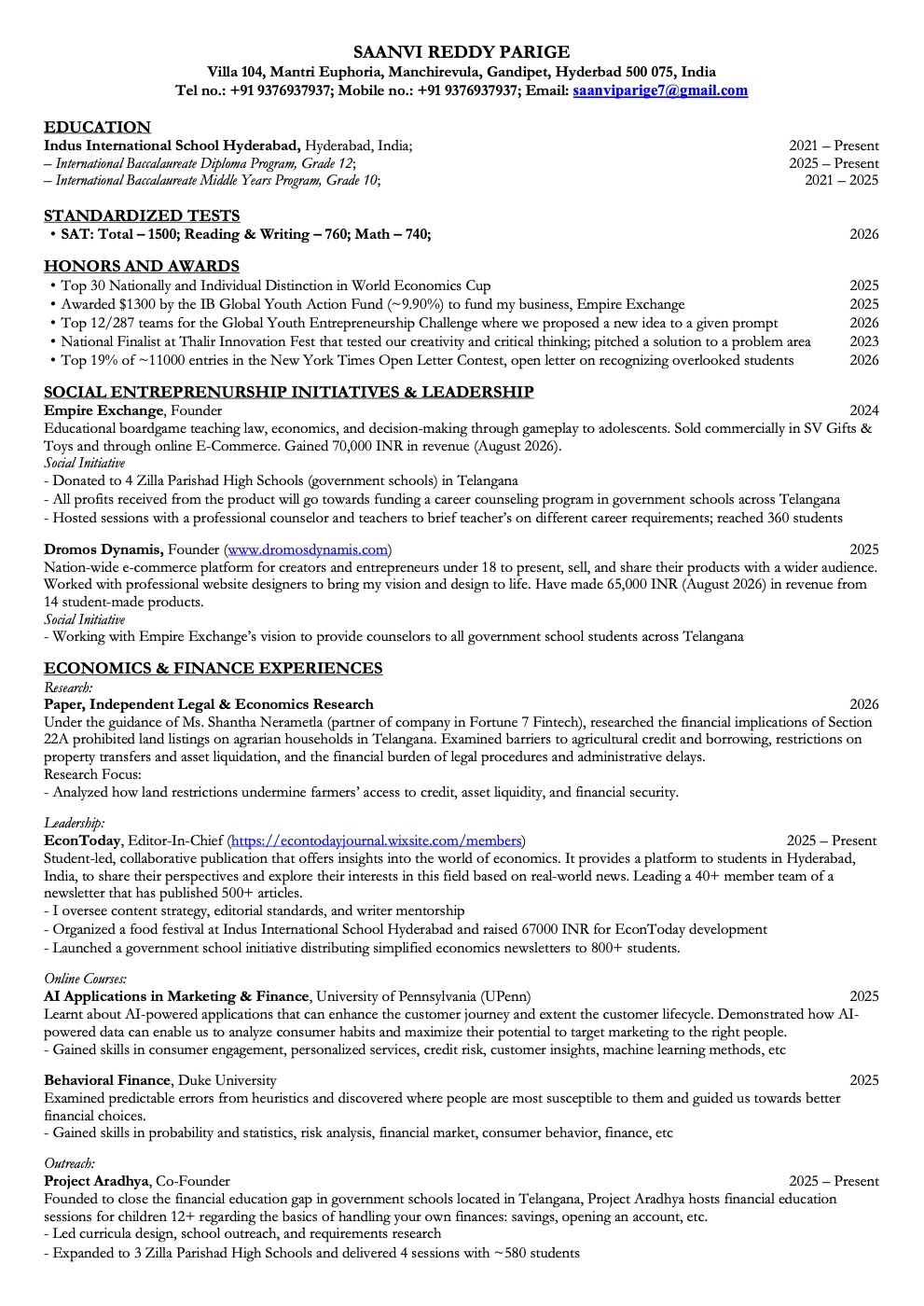 First page of Saanvi Reddy Parige's resume